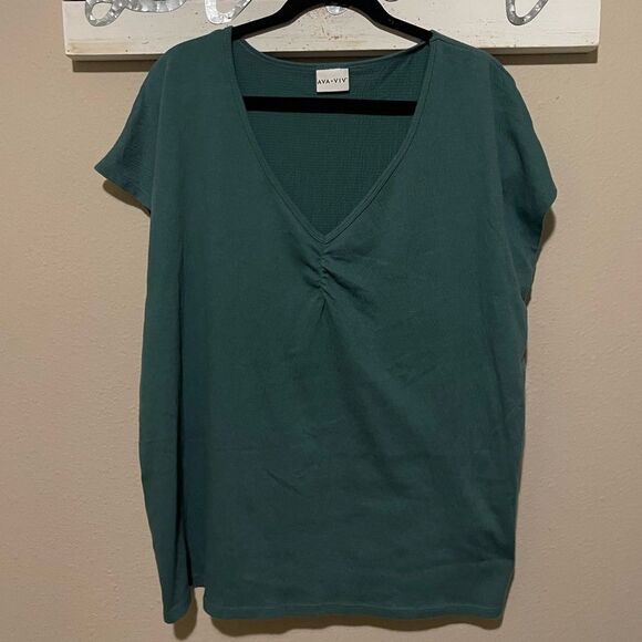 Ava & Viv - waffle knit v-neck light jade green top - Picture 1 of 7